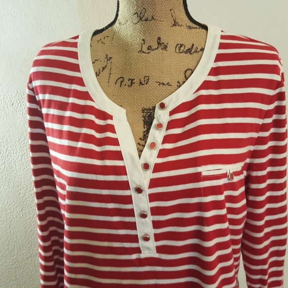 Red and white striped button down shirt. - Picture 3 of 8